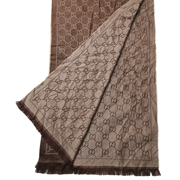 Gucci Brown & Taupe Reversible GG Logo Print Shawl Wrap Vintage Pre-Owned - Picture 1 of 7